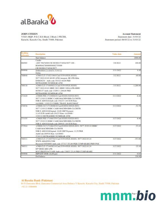 Oman Sohar international wzór wyciągu bankowego w formacie Word i PDF